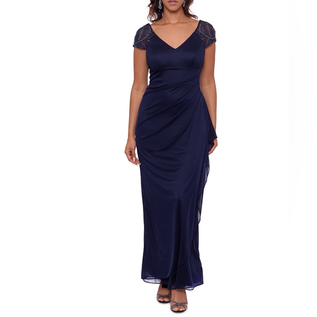 Xscape Navy Embellished-Sleeve Gown